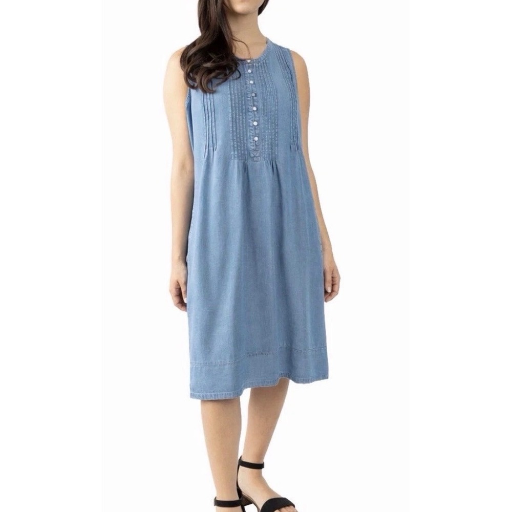 NWT Coldwater Creek Blue Tencel Pintuck Sleeveless Shift Dress Pocket XL Coastal